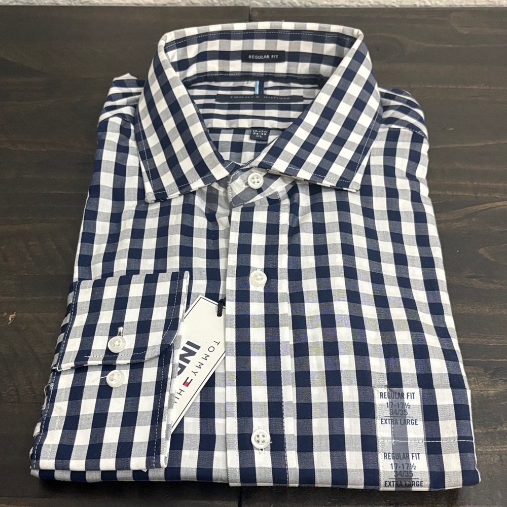 Tommy Hilfiger Regular Fit XL Blue and White Checkered Men's Shirt